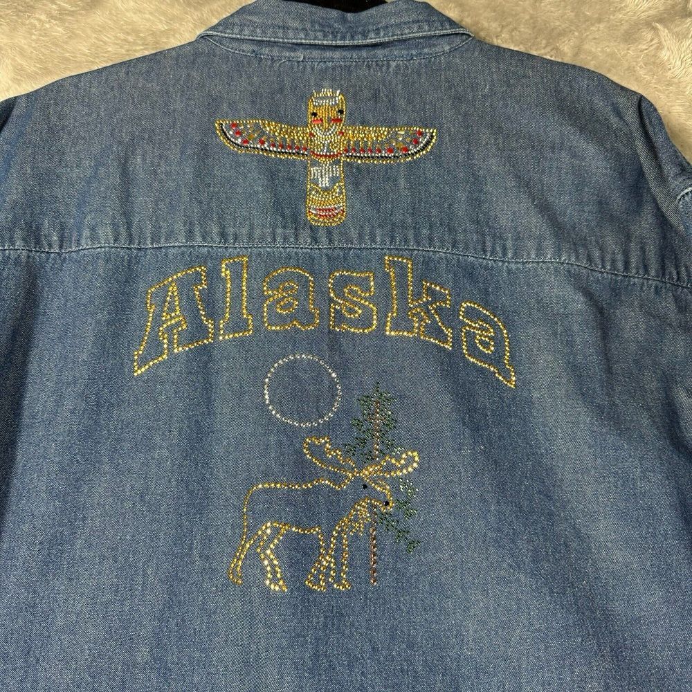 VTG 80s‎ Alaska Souvenir Shirt Womens L Denim Animals Totem Bear Outdoors Travel